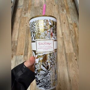 Lilly Pulitzer, Tumbler with Straw, Safari Sangria Gold NWT